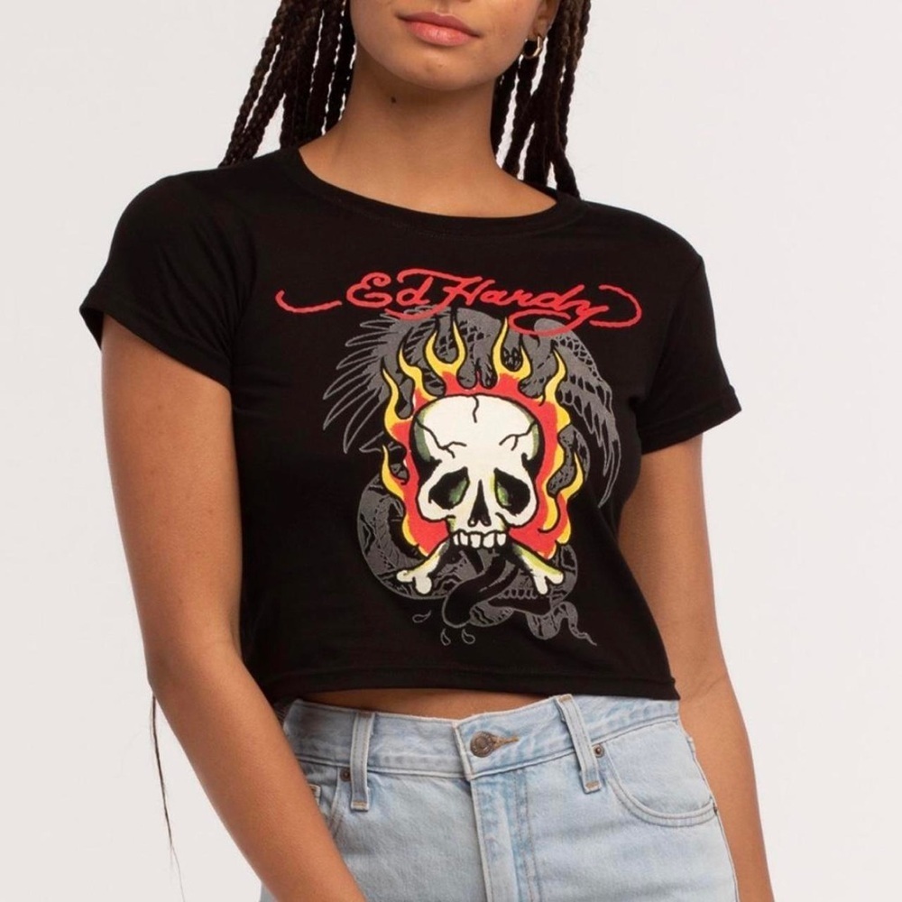 Ed Hardy Women's Black Crop Top - Skull & Flames Graphic - Size XL (NWOT)